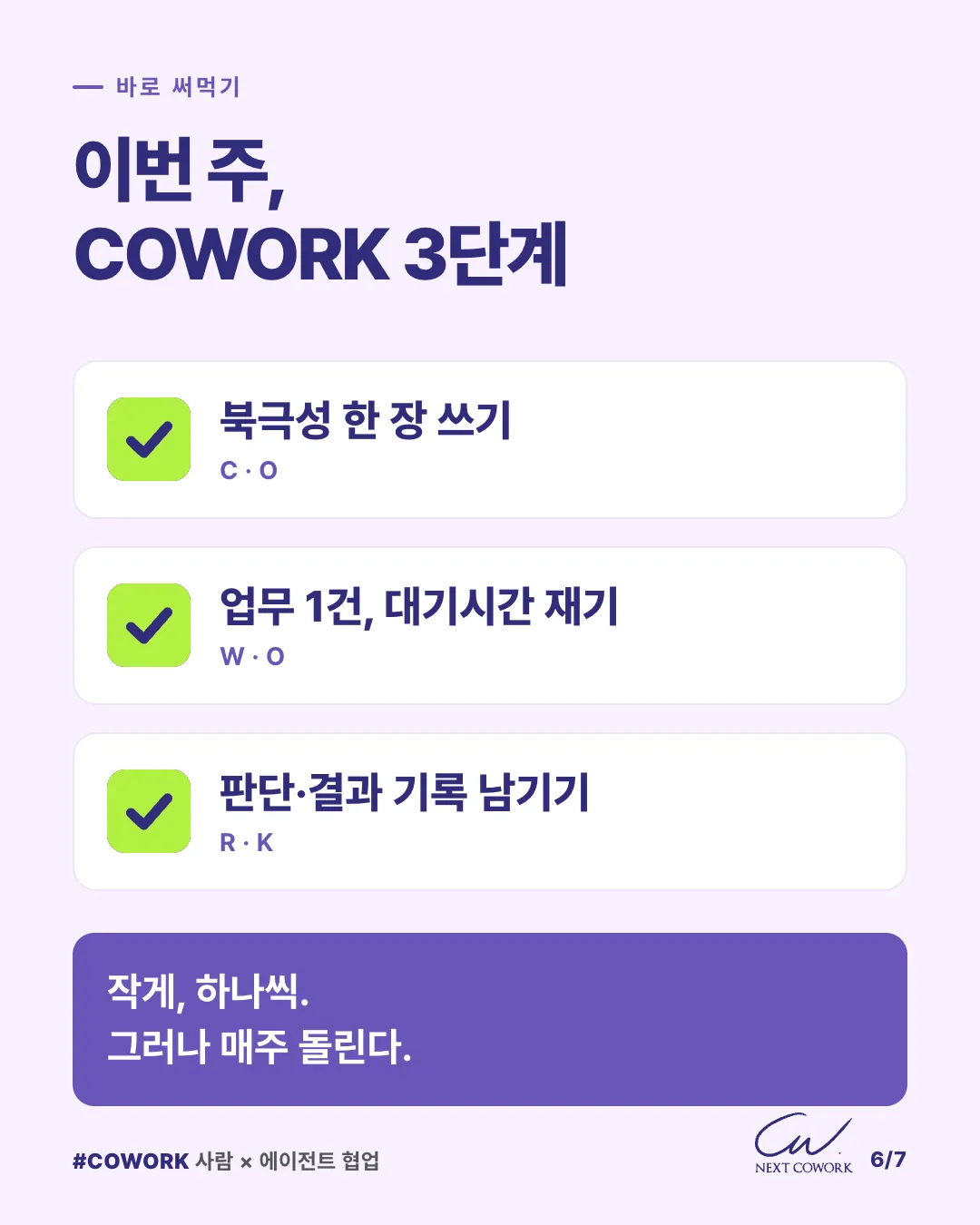 이번 주 COWORK 3단계 체크리스트 카드. 북극성 한 장 쓰기(C·O), 업무 1건 대기시간 재기(W·O), 판단·결과 기록 남기기(R·K)에 체크 표시가 있고, 작게 하나씩 그러나 매주 돌린다는 문장으로 끝난다