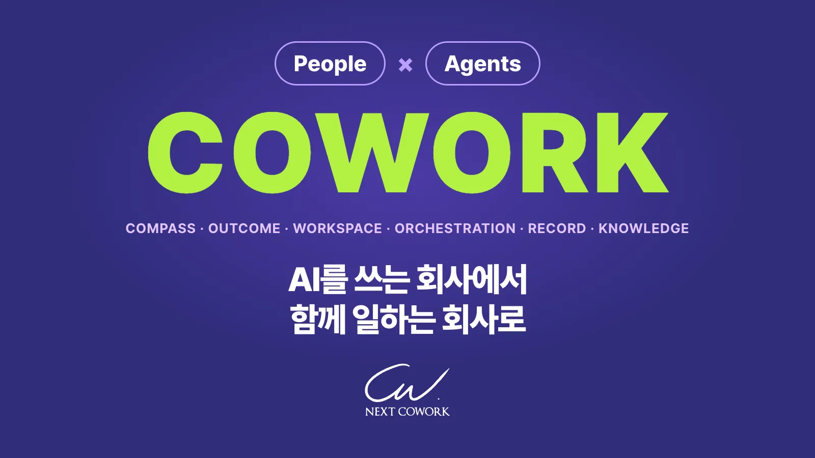 People × Agents 아래 큰 글자 COWORK와 Compass·Outcome·Workspace·Orchestration·Record·Knowledge 여섯 단어, 그리고 AI를 쓰는 회사에서 함께 일하는 회사로라는 문장이 적힌 넥스트코웍 대표 이미지