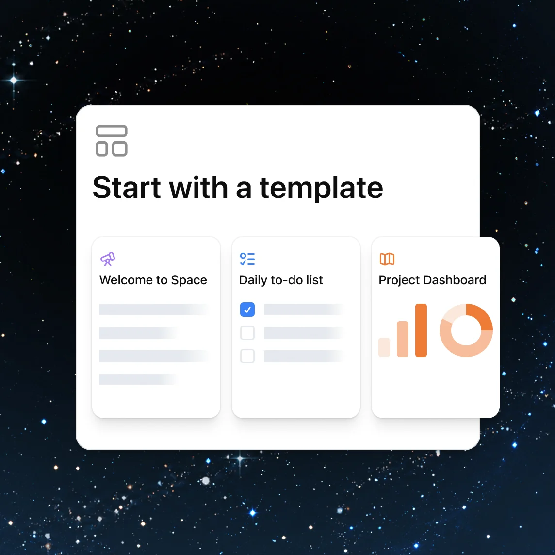 Space 시작 페이지와 일일 할 일, 프로젝트 대시보드 템플릿을 보여 주는 OpenAI 공식 소개 이미지