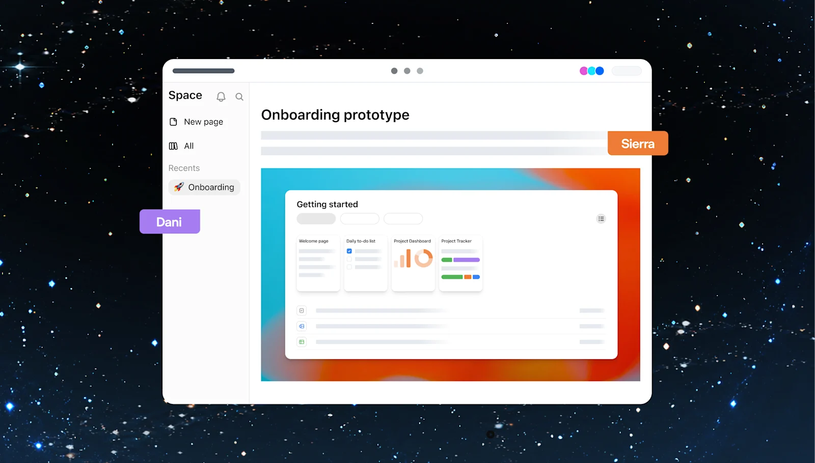 OpenAI 공식 Space 소개 이미지: 공유 페이지의 온보딩 프로토타입과 협업 커서. 제품 안내용 연출 이미지.