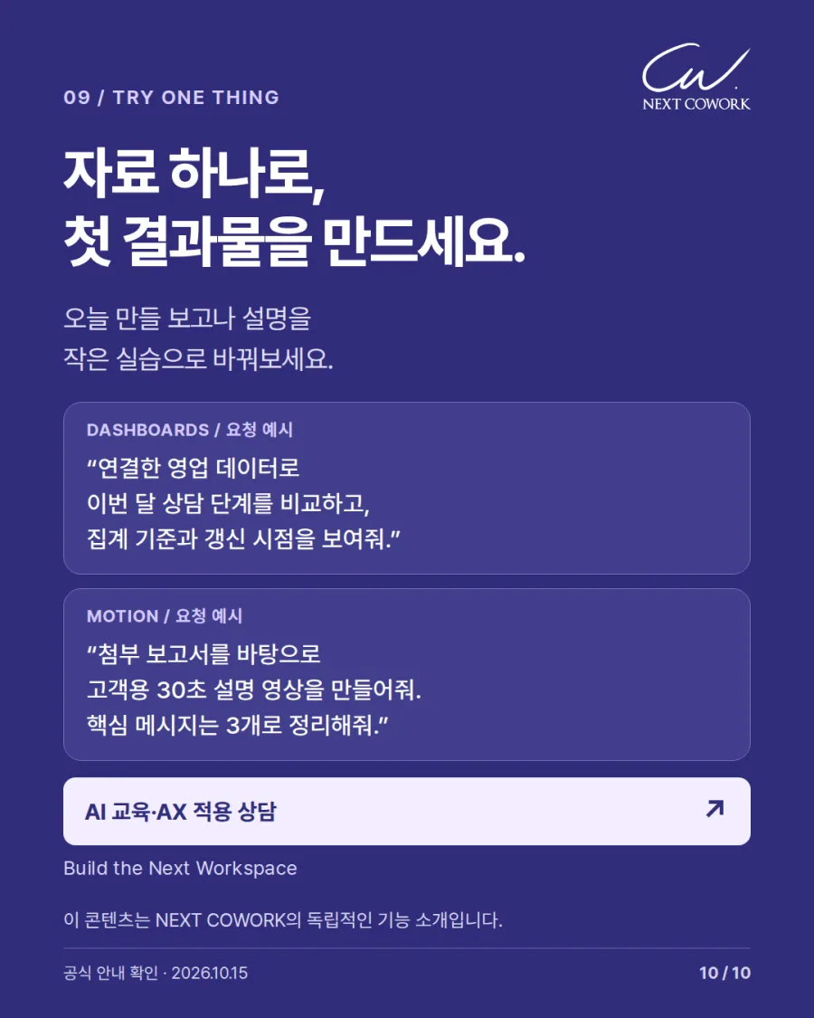 자료 하나로 첫 결과물을 만들라는 마지막 카드. Dashboards와 Motion 요청 예시 두 개와 AI 교육·AX 적용 상담 버튼이 있다