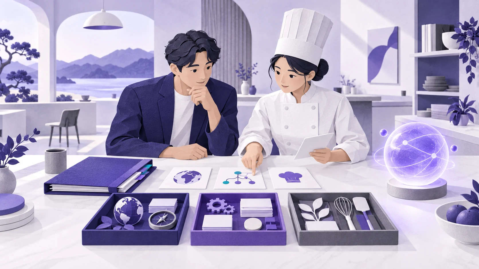 AI 생성 개념 이미지: 사업가와 셰프가 업무 기준과 도구를 함께 정리하는 모습